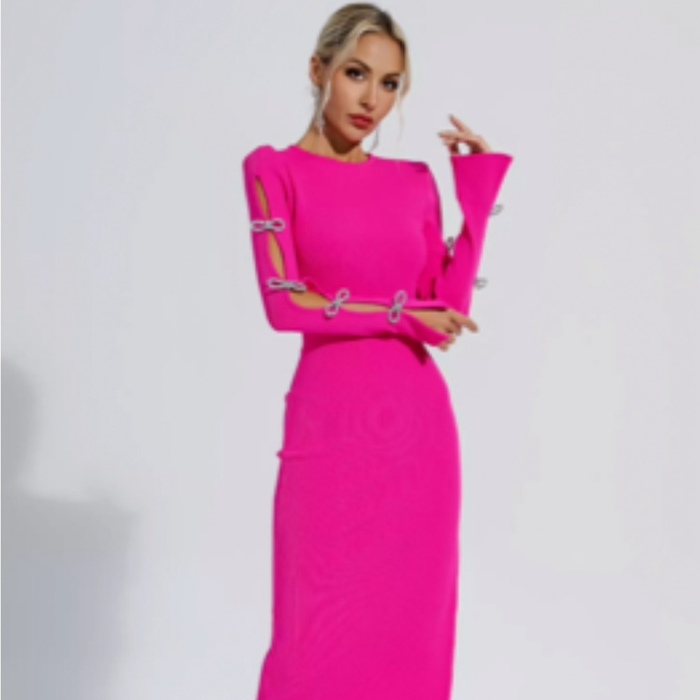 Silver Rhinestone Bow Cutout Sleeve Pink Dress - Picture 2 of 6
